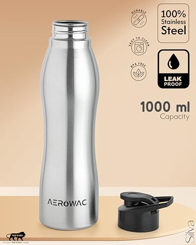 Image of Silva Stainless Steel Water Bottle 1000ml | Single Wall, Lightweight, Leak Proof, BPA-Free Bottle | Suitable for Office, Gym, School, College and Travel (Matte Silver, Pack of 3)