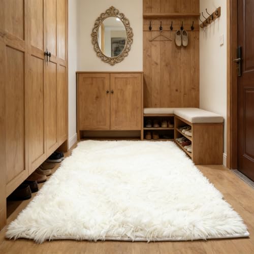 Tapis de salon à poils longs blanc doux moelleux 189 x 160 cm - 2