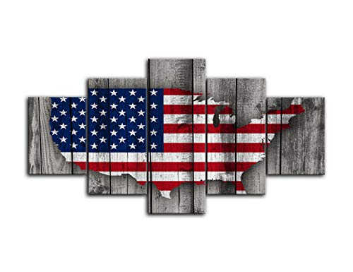 Amemny 5 Panels Vintage Wooden American Flag Map Canvas Red White Wall Art Patriotic Usa Flag Painting Independence Day Artwork Print For Living Room Home Decor Stretched Framed Ready To Hang #TOP1