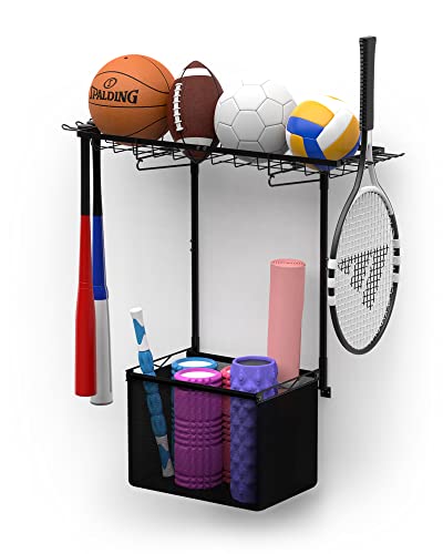 Lifxize Yoga Mat Holder Wall Mount Yoga Mat Holder Home Gym Storage For Ball, Foam Roller, Toys, Heavy Duty Steel Frame, Oxford Cloth With 6 Hooks For Hanging Yoga Strap And Resistance Bands #TOP8