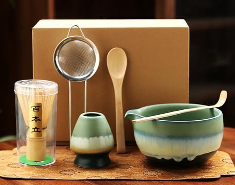 6 Piece Matcha Tea Set with Bamboo Whisk, Teaspoon, Bowl, Whisk Holder for Tea Lovers
