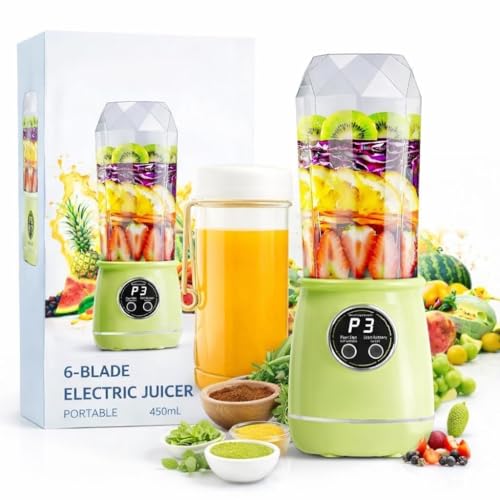 Image of Portable Blender Electric Juicer USB Rechargeable Fruit Mixers Mini Personal Smoothie Maker 6 Blades 3 Gears Ideal for smoothies, protein shakes, fresh juices, sauces -1500mAh Battery (GREEN)