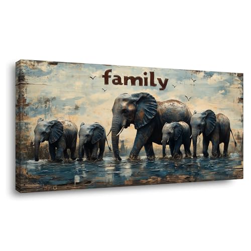 TEKMENT Blue Elephant Family Wall Art for Bedroom Canvas Painting Prints Beautiful Animals Mother and Kids Art Deco Retro Artwork Office Farmhouse Decor