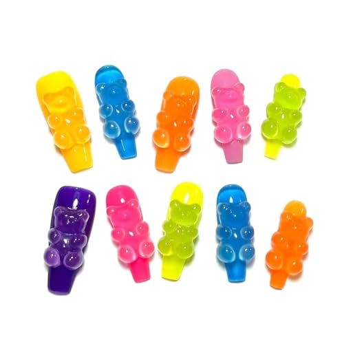 GREENTEA Handmade Press On Nail with Gummy Bear, Colorful Translu...