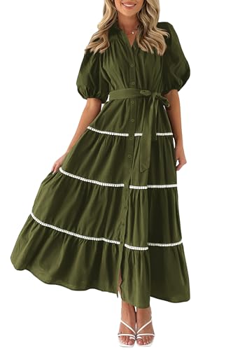 PRETTYGARDEN Women's Summer Button Down Shirt Dress Short Puffy Sleeve