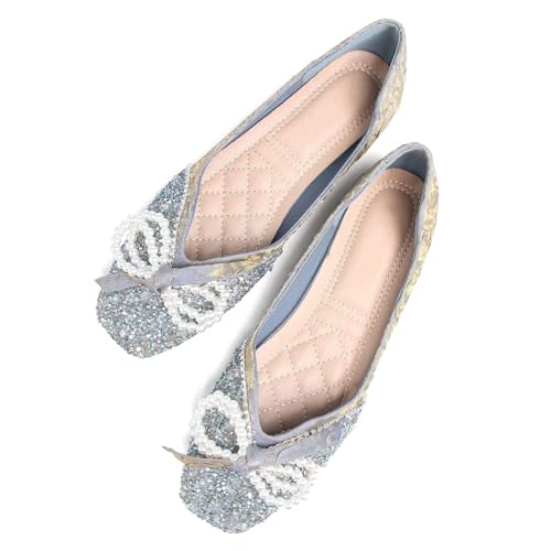Dear Time Women's Pearl Bow Flats Rhinestones Wedding Ballet Flats Elegant Dressy Sparkly Shoes