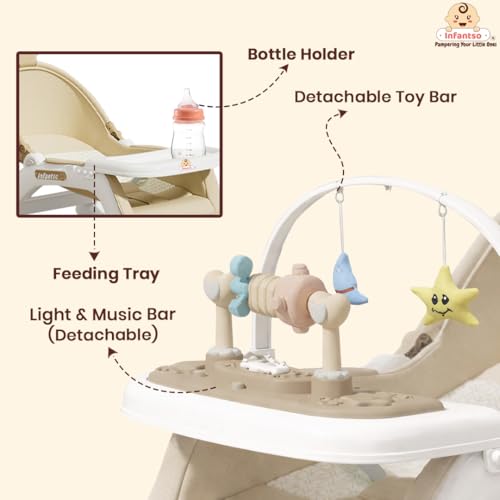 Image of Infantso Prime (5-in-1) Baby Rocker for 0 to 2 Years with Mosquito Net | Portable Rocker for Newborn | Convertible Walker, Feeding Chair, Push Cart & Seat with Music, Light, Tray & Canopy - Beige