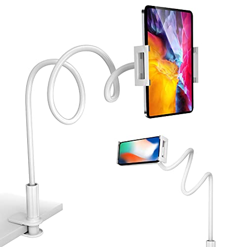 Image of Cell Phone Gooseneck Holder, Universal Gooseneck Phone Stand Clip Lazy Bracket Flexible Clamp 100CM 39.4inches Long Arms Mount (WHITE)