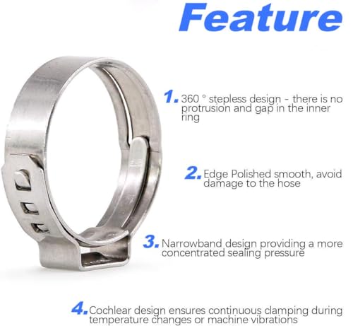 Laziro 50Pcs 10.8Mm-13.3Mm （3/8"）Single Ear Hose Clamp Hose Crimp Clamps Ear Crimp Rings Ear Stepless Hose Clamp Pinch Clamps For Hose Pipe Clamp Tools  thumb #1