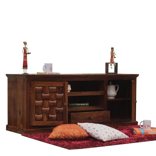 Image of Solid Wood TV Unit for Living Room 55 Inch Furniture - Wooden TV Unit with Storage Cabinet with 1 Drawr, 6 Shelves Wooden TV Cabinet for Living Room - Fits up to 55-Inch TV (Nathan)