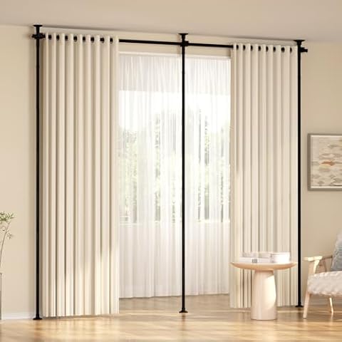 Kokorona Room Divider Curtain Rod, Double Vertical Tension Rods, No Drilling Curtain Rods for Room Separation, 28-114inch(W) 4-10ft(H) Adjustable Floor to Ceiling Freestanding Curtain Rods Damage Free Cover