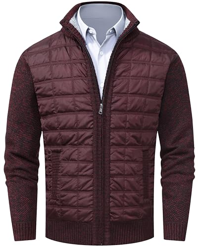 VtuAOL Men's Casual Stand Collar Full Zip Sweaters Thick Knitted Cardigan Winter Coat Wine Red US M