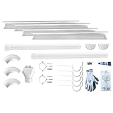 CONTENIDO DEL KIT - 3 barras de canalón de 117cm, 2 tapas finales para canalones, 2 soportes finales y 1 soporte para cada unión entre canalones, 1 salida de desagüe, 3 codos de diámetro 80mm con inclinación de 85 grados, 2 tubos de 100cm de longitud con toma de conexión, 2 cuellos de tubo de diámetro 80mm con tornillo para fijación en madera y taco para fijación en la pared, 2 separadores con rosca, 1 paquete de tornillos para madera, 1 tubo de silicona neutra transparente, 1 par de guantes.