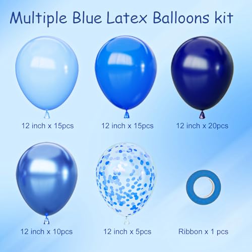 Image of Blue Balloons Set, 65pcs 12 inch Metallic Blue Balloons Navy Blue Blue Confetti Macaron Baby Blue Latex Balloons for Birthday Baby Shower Graduations Party Decorations