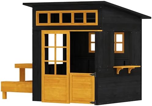 Outdoor Playhouse – Solid Fir Wood, Chalkboard Panels, Attached Table & Benches, Spacious Interior, Ages 3-8, 76″ L