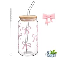 Bow Glasbecher, 500ml Glasbecher Pinke Bow, Mit Deckel Und Strohhalm, Schleife Glasbecher, Trinkgläser Bow, Vielseitiges Trinkglas Ideal, Mit Reinigungsbürste, Wiederverwendbar, für Getränke, Kaffee
