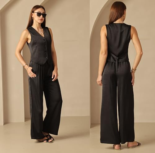 Women's 2 Piece Sets Textured Silky Outfits Vest Waistcoat Dress Casual Wide Leg Pant Suits2
