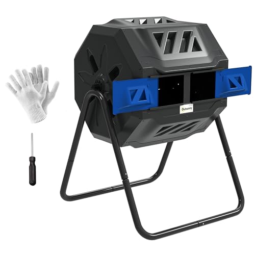Outsunny 160L Tumbling Compost Bin Outdoor Dual Chamber 360 Rotating Composter Garden Compost Bin w/Sliding Doors & Solid Steel Frame Blue