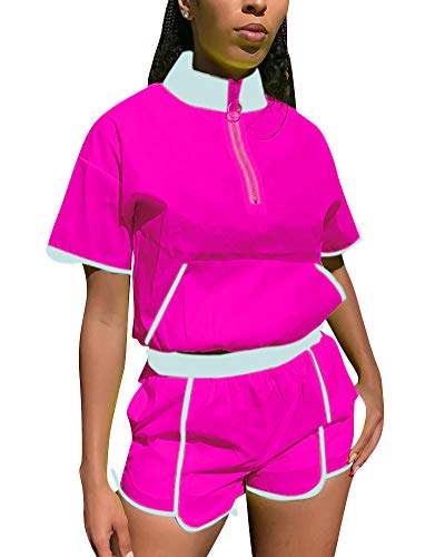 Kumono Women Two Piece Outfits Jumpsuits - Lightweight Windbreaker Pants Set Reflective Tracksuit Pink XL