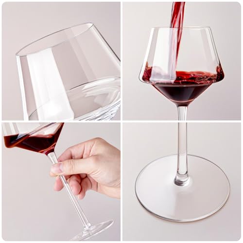 Foto von Swanfort Rotweingläser 4er Set, mundgeblasene Kristallweingläser mit Stiel, einzigartiges Design im Geschenkkarton für alle Zwecke, 411 ml