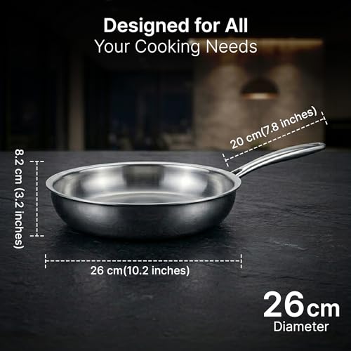 Image of AGARO Regency 26 cm Triply Stainless Steel Fry Pan with Lid (2.3L), Induction & Gas Compatible, ensures Even Heat, Non-Toxic with no Chemical Coating, Dishwasher Safe-Ideal for stir-Fry & saute.