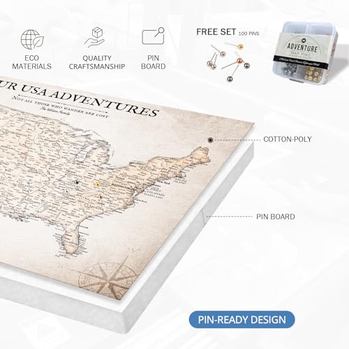 Image of IPIC - Custom USA Map Canvas Wall Art, Personalized Push Pin Travel Map with Name and Message for Travel Lovers, Oversized Pinnable Wall Decor for Home, Office, Study or RV
