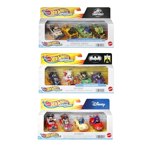 Hot Wheels RacerVerse, Set of 4 Die-Cars 1:64 Scale Toy Cars Optimized for Driving on Tracks with Pop Culture Characters as Drivers