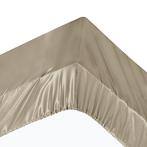 Image of Ersmak Luxury 7-Piece Silky Sand Satin Bed Sheets Set - King Size with Deep Pocket, Flat Sheet, 4 Pillowcases & Body Pillowcase