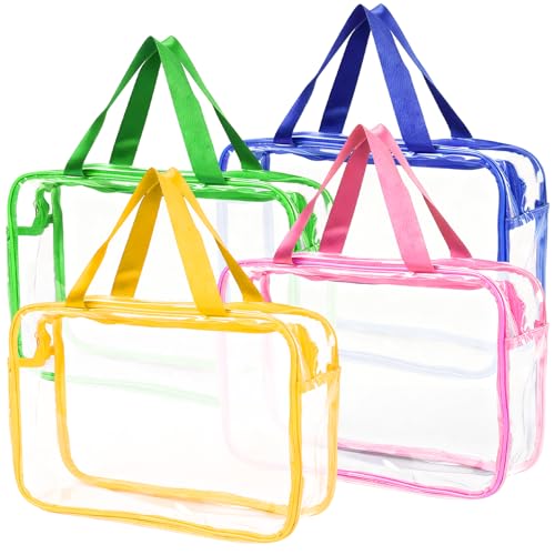 YOQIVEXU 4 Packs Large Clear Toiletry Bag, Waterproof Clear Makeup Cosmetic Organizer Bags with Handle, Transparent Handbag with Zipper for Travel Airport Airline Vacation
