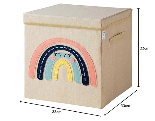 LIFENEY Aufbewahrungsbox mit Deckel und Regenbogen I Spielzeugbox mit Motiv passend für Würfelregale I Ordnungsbox für das Kinderzimmer I Aufbewahrungskorb Kinder