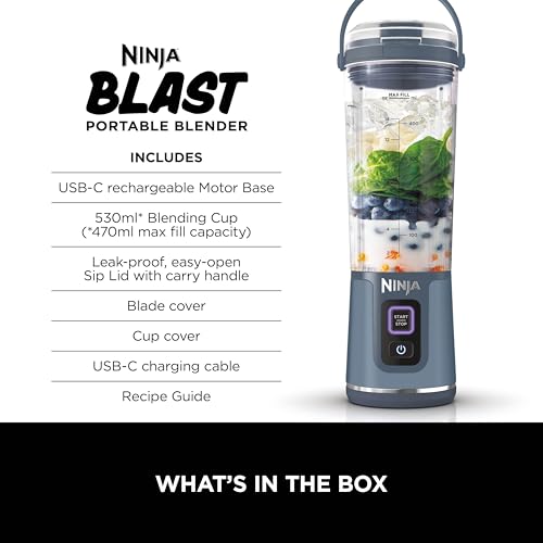 Image of Ninja Blast Portable Cordless Blender (BC151INNV) - 530ml | USB-C Rechargeable | Crushes Ice & Frozen Fruit | BPA Free, Leak-Proof Travel Lid Denim Blue