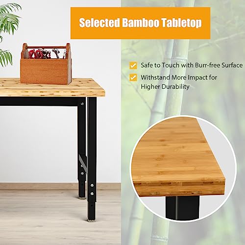 Goplus Adjustable Workbench, 48" 2000Lbs Bamboo Top Work Bench For Garage, Heavy-Duty Steel Work Table Hardwood Workstation, Easy Assembly #TOP3