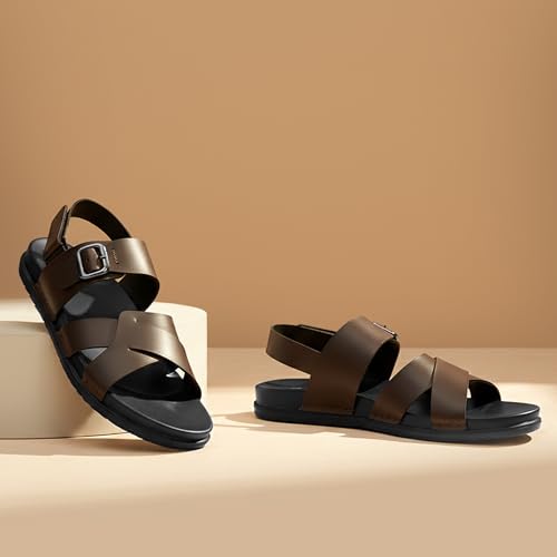 Image of BRUTON Men's STRIVO-1141 Wedge Sandals | Adjustable Buckle Toe Ring Comfort Sandals | Lightweight Cushioned Footbed | Anti-Slip Casual Outdoor & Daily Wear Footwear | Black