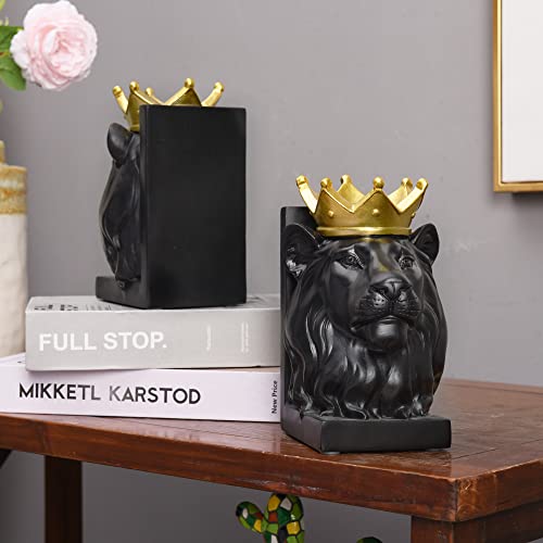 Kakizzy Lion Bookends, Luxurious Modern Bookends Decorative Book Ends To Hold Books Heavy Duty Sturdy Bookshelf Ends Holder For Kids Rooms Resin Animal Figurine Statue For Shelves Decor, Black #TOP6