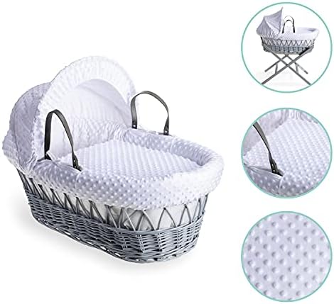 Clair de Lune | Dimple Grey Wicker Moses Basket with bedding | Includes mattress, Hood, Padded liner, Coverlet | UK Made with love (White)