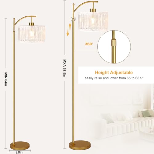 Image of QIYIZM Glass Floor Lamp for Living Room,Bedroom,Gold Dimmable Standing Lamp with Remote,Brass White Tall Lamp Boho Mid Century Modern Floor Lamps Arc Floor Light Lamp Girls Kids Bohemian