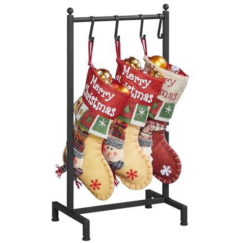 ELYKEN Christmas Stocking Holder Stand for Floor, Free Standing Stocking Rack with 4 Removable Hooks, Heavy Duty Metal Small Xmas Stocking Stand with Adjustable Feet, Black by ELYKEN - Used condition - US$10.31