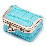 Wasugayi Travel Mini Jewelry Box, Genuine Leather Crocodile Pattern with Rose Gold Kiss Lock, Portable Jewelry Organizer for Travel Rings Earrings Necklaces (Light Blue, S)