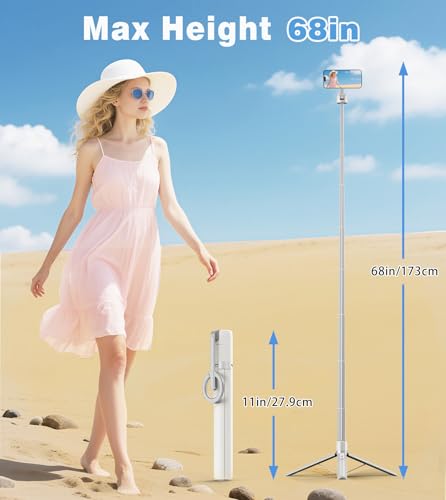 TONEOF 68" Magnetic Selfie Stick Tripod with Aluminum Strong Magnetic Holder for Magsafe, 360° Rotatable Travel Phone Tripod Stand with Metal Ring & Rechargeable Remote for iPhone/Android(Beige Gray)