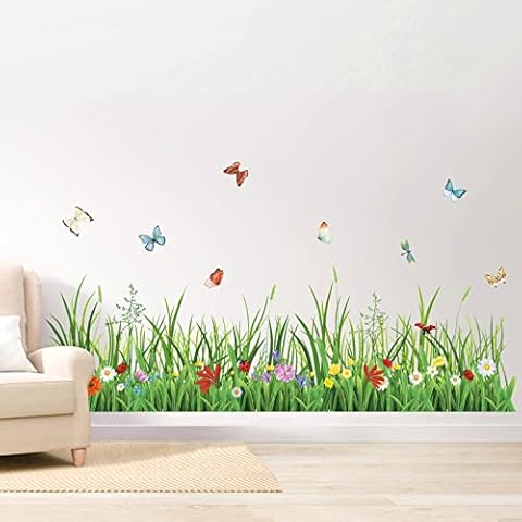 wondever Green Grass Wall Corner Stickers Flowers Butterflies Baseboard Skirting Line Wall Decals for Bedroom Living Room (W:52 inches) Cover