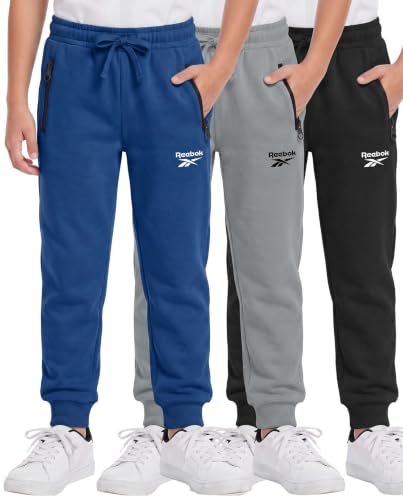Reebok 3 Pack Boys Fleece Joggers Zipper Pockets Athletic Pants Sweatpants