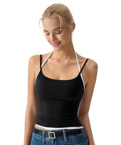 QINSEN Women's Cropped Tank Top Slim Fitting Layered Halter Neck Adjustable Straps Sleeveless Cami Shirt Black XS