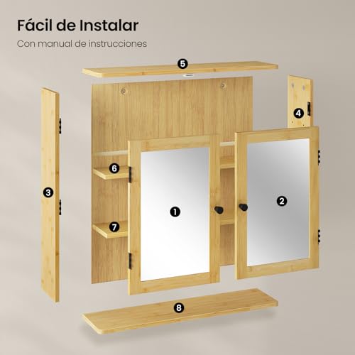 EUGAD Armario Baño de Bambú, Armario Baño Pared con Puertas de Espejo, Mueble con 1 Estante Ajustable y 1 Compartimiento Abierto, Cocina y Dormitorio, 56x14x58 cm - imagen 8