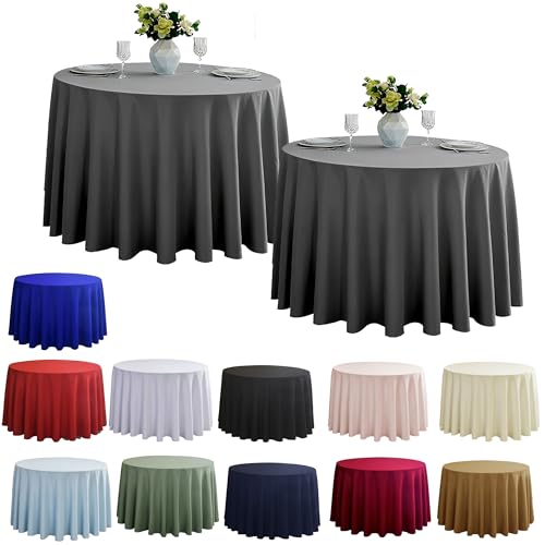 Image of 2-Pack Round 108-inch Grey Table Cloths, Solid Stain and Wrinkle Resistant Circular Tablecloth, Premium Plain Weave Polyester Fabric Table Linen Covers for Hotel, Banquet