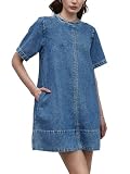 LifeShe Denim Dress for Women Summer Casual Short Sleeve Chambray Mini Jean Dresses with Pockets