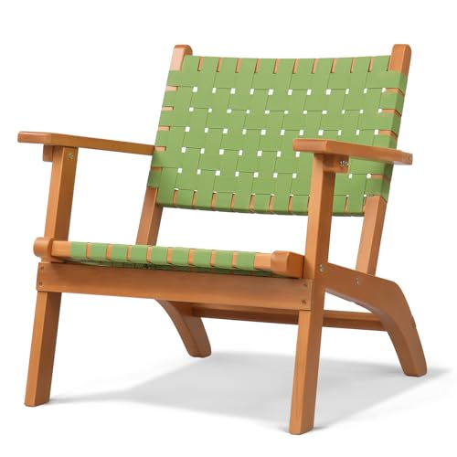 VINGLI Outdoor Armchair, Wooden Adirondack Chair All-Weather Wooden Patio Chair with Waterproof PE Woven Fabric, Porch Chair for Garden, Lawn and Poolside (1, Green and Brown)