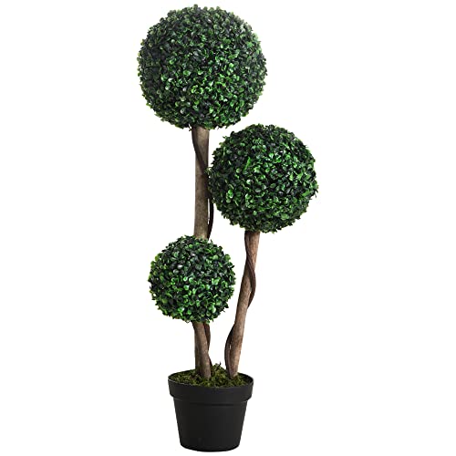 Homcom 3Ft(35.5") Artificial Ball Boxwood Topiary Trees In Pot, Indoor Outdoor Fake Plants For Home Office Living Room Decor #TOP14