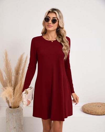 Huukeay 3 Pack Women's T Shirt Dresses, Long Sleeve Crew Neck Tunic Dresses Casual Loose Plain Dress Basic Swing Flowy Dress4