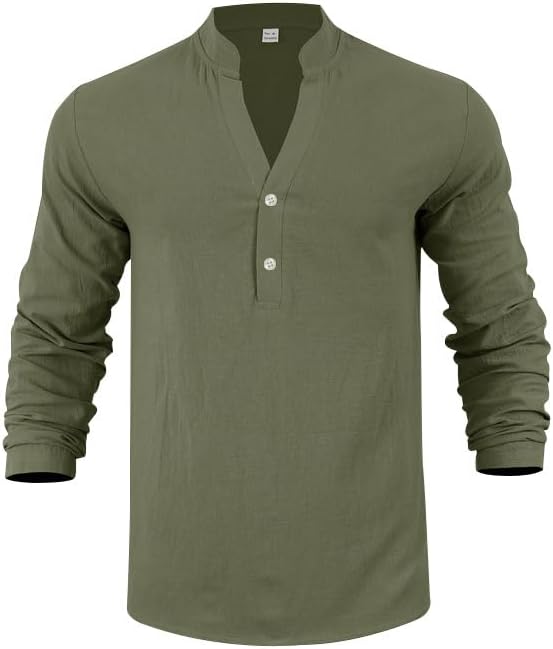 Mens Linen Henley Shirts Casual Long Sleeve Hippie Yoga Tops Lightweight Summer Beach T-Shirt - Image 7