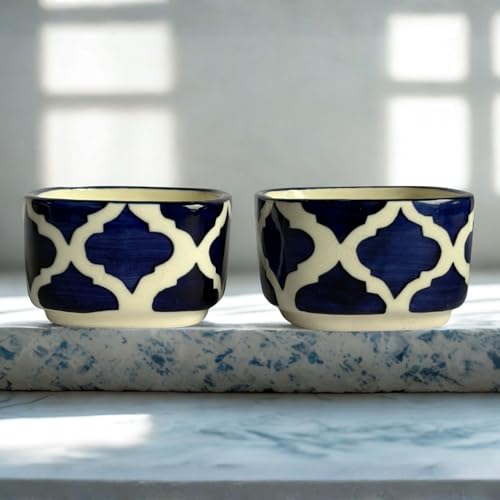 Image of Yourowndcor Designer Ceramic Dip Bowls Set | Navy Blue Moroccan Pattern Serving Bowls for Condiments, Snacks & Dips | 2 Pieces, 40 ml